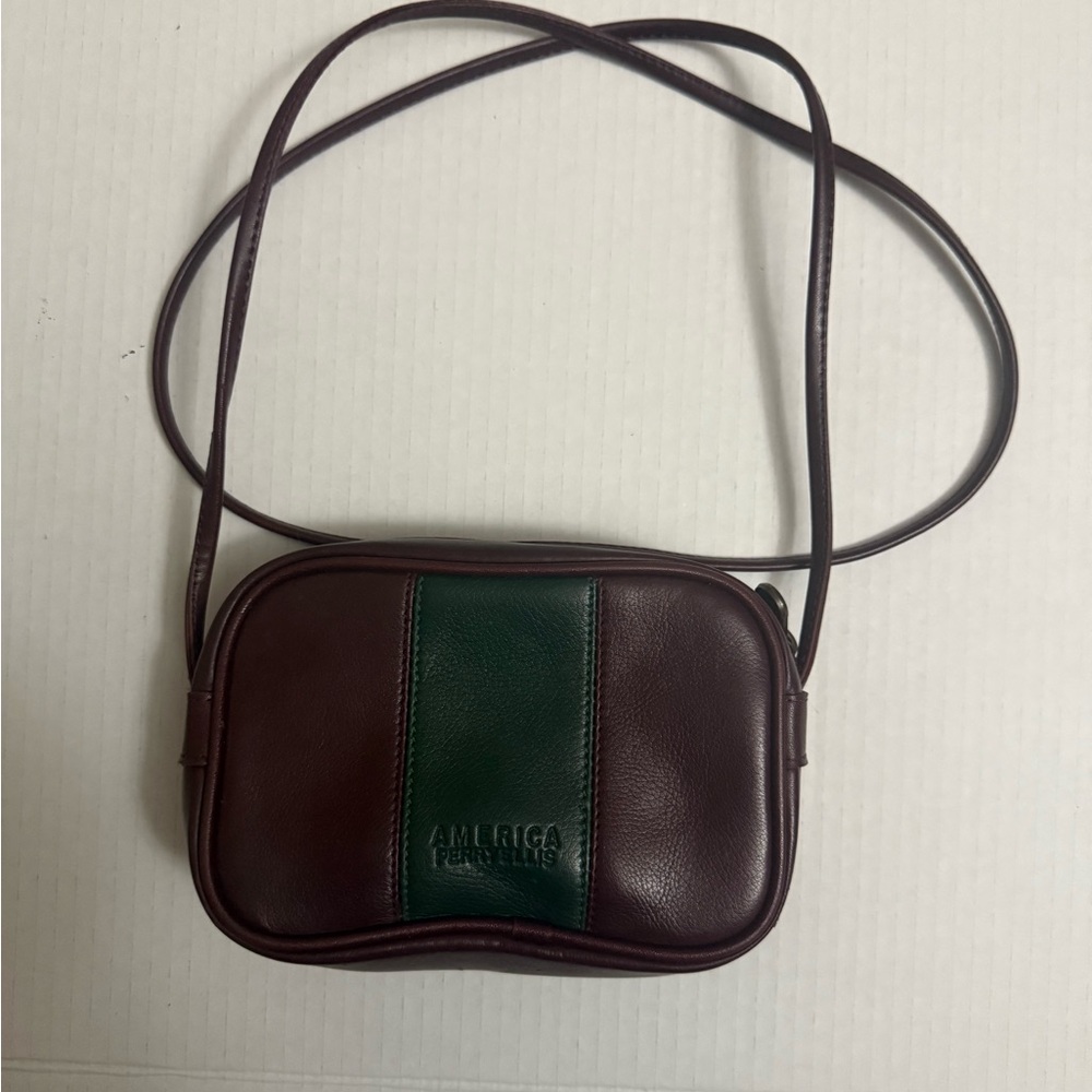 Vintage Perry Ellis America Burgundy and Green leather Crossbody Bag…